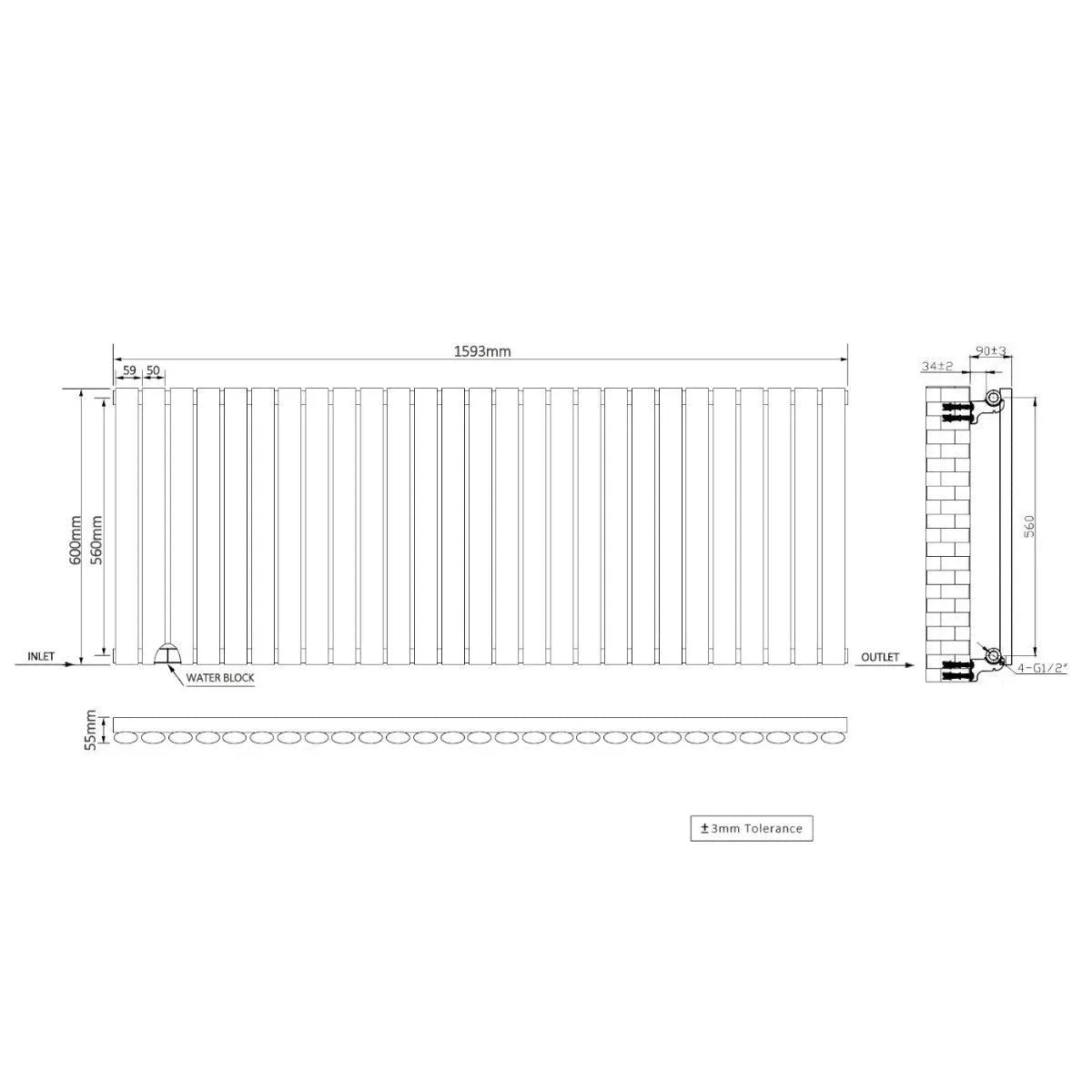 Cuneo - Modern horizontal oval tube radiator black