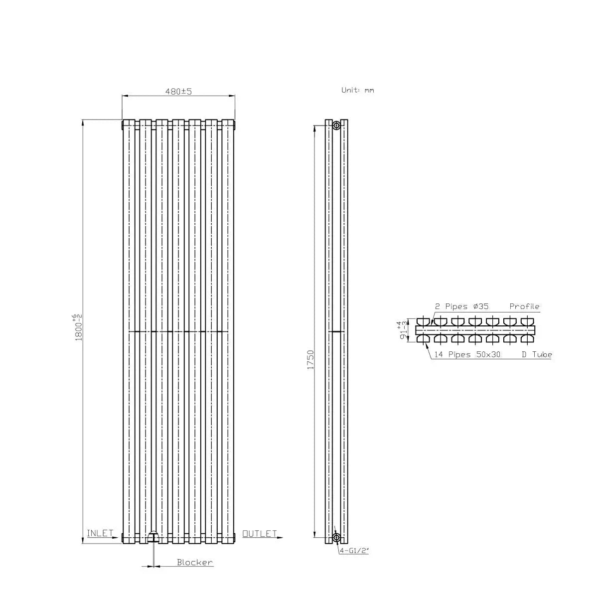 Teramo - Modern vertical flat panel radiator blackened copper