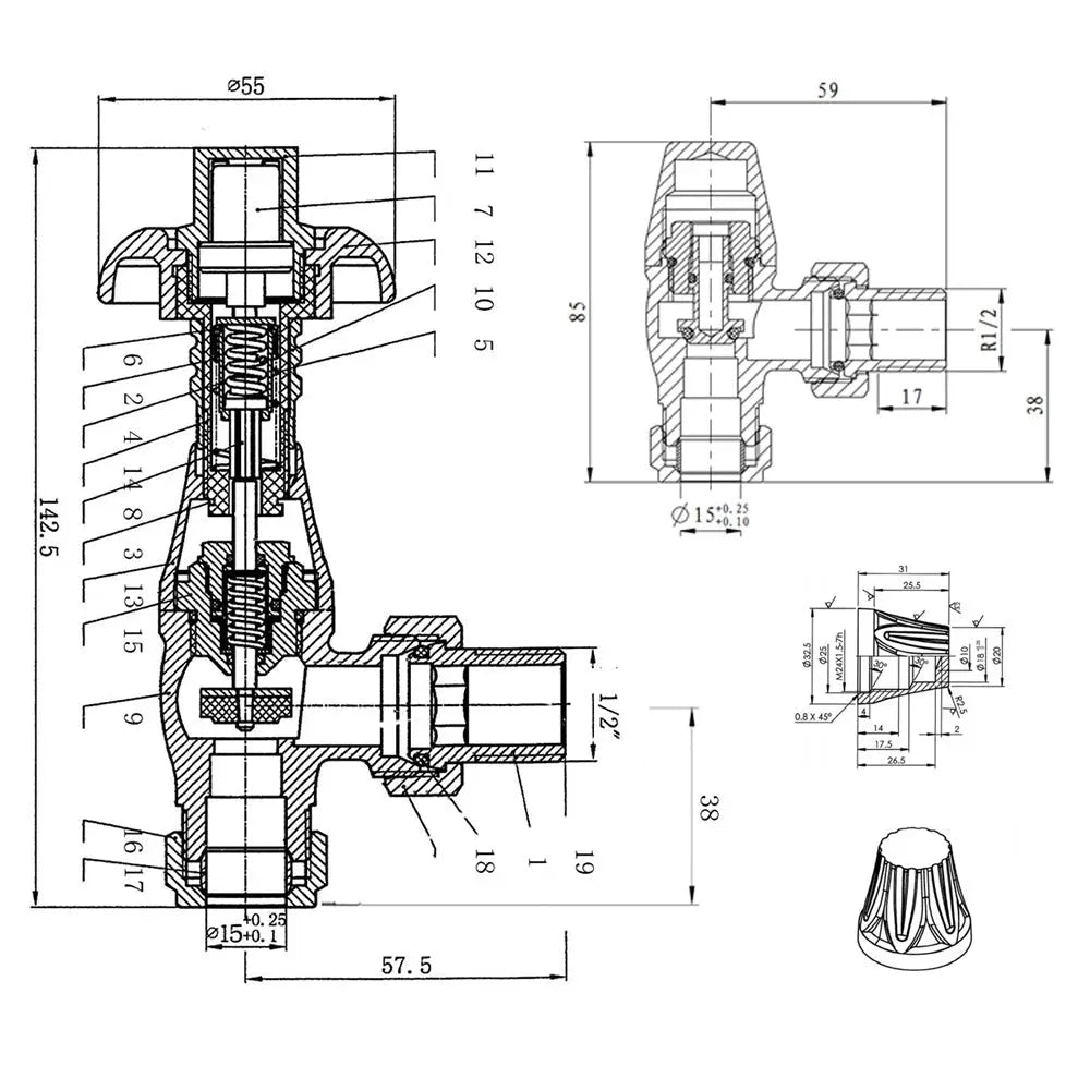 Traditional ornate angled thermostatic radiator valves