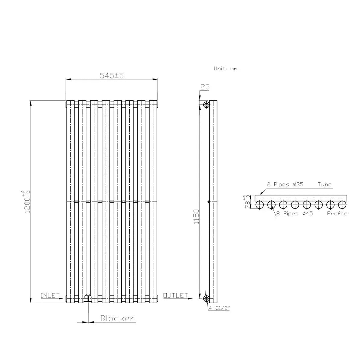 Comiso - Modern vertical round tube radiator anthracite