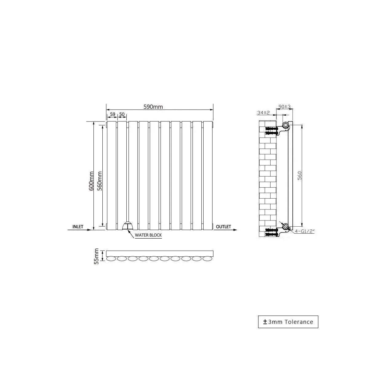 Cuneo - Modern horizontal oval tube radiator blackened copper