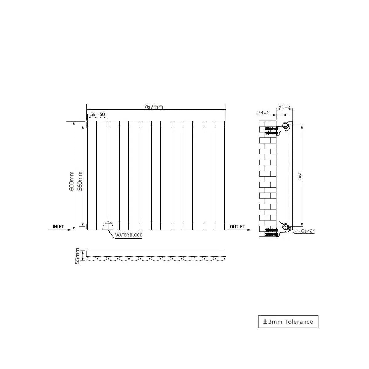 Cuneo - Modern horizontal oval tube radiator blackened copper