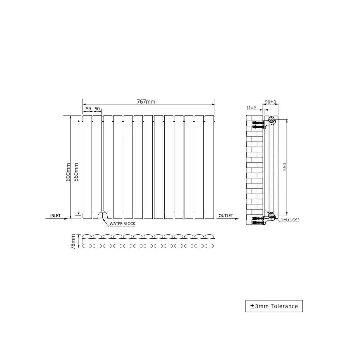 Cuneo - Modern horizontal oval tube radiator blackened copper