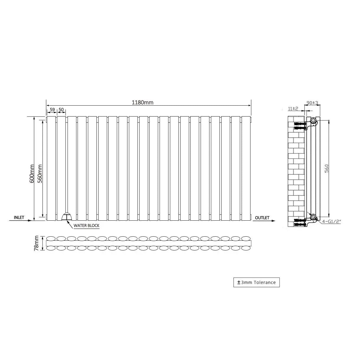 Cuneo - Modern horizontal oval tube radiator blackened copper