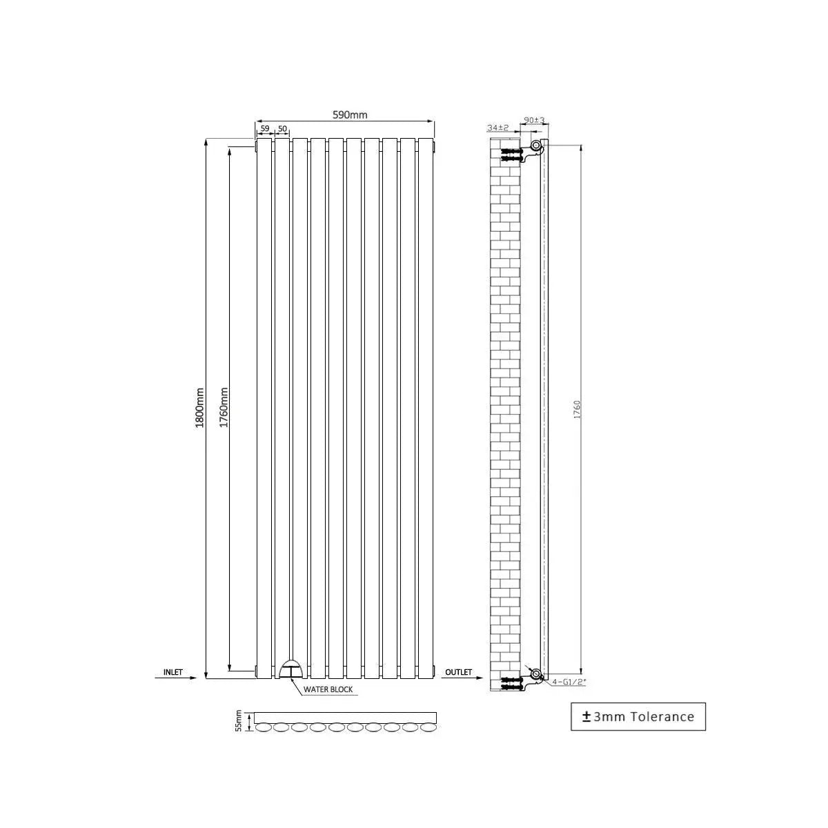 Cuneo - Modern vertical oval tube radiator blackened copper