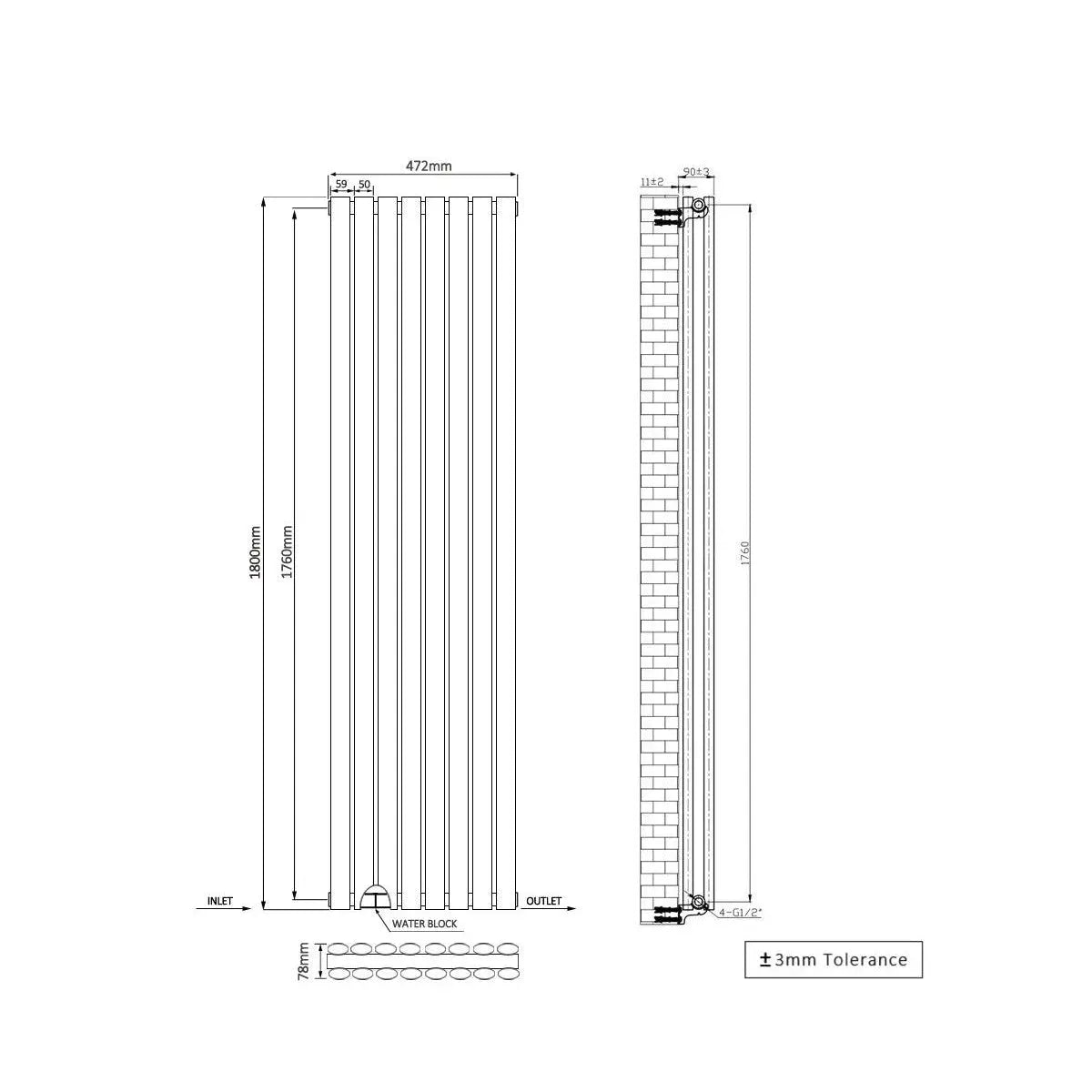 Cuneo - Modern vertical oval tube radiator blackened copper