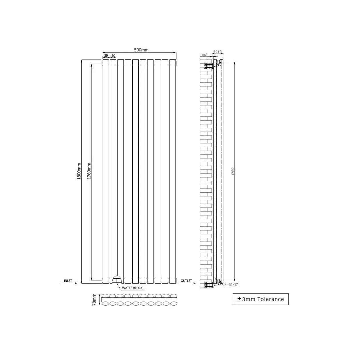 Cuneo - Modern vertical oval tube radiator blackened copper