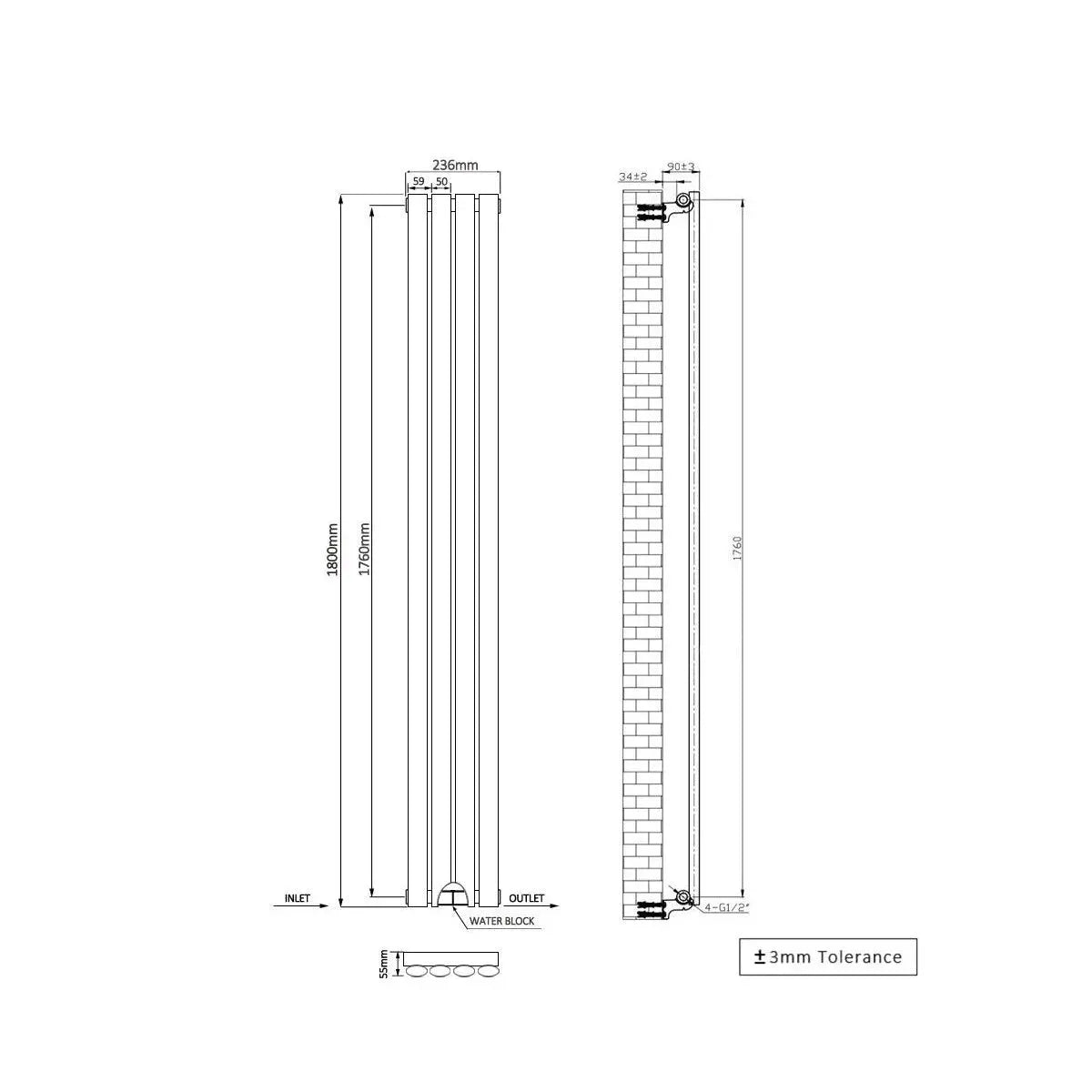 Cuneo - Modern vertical oval tube radiator blackened silver