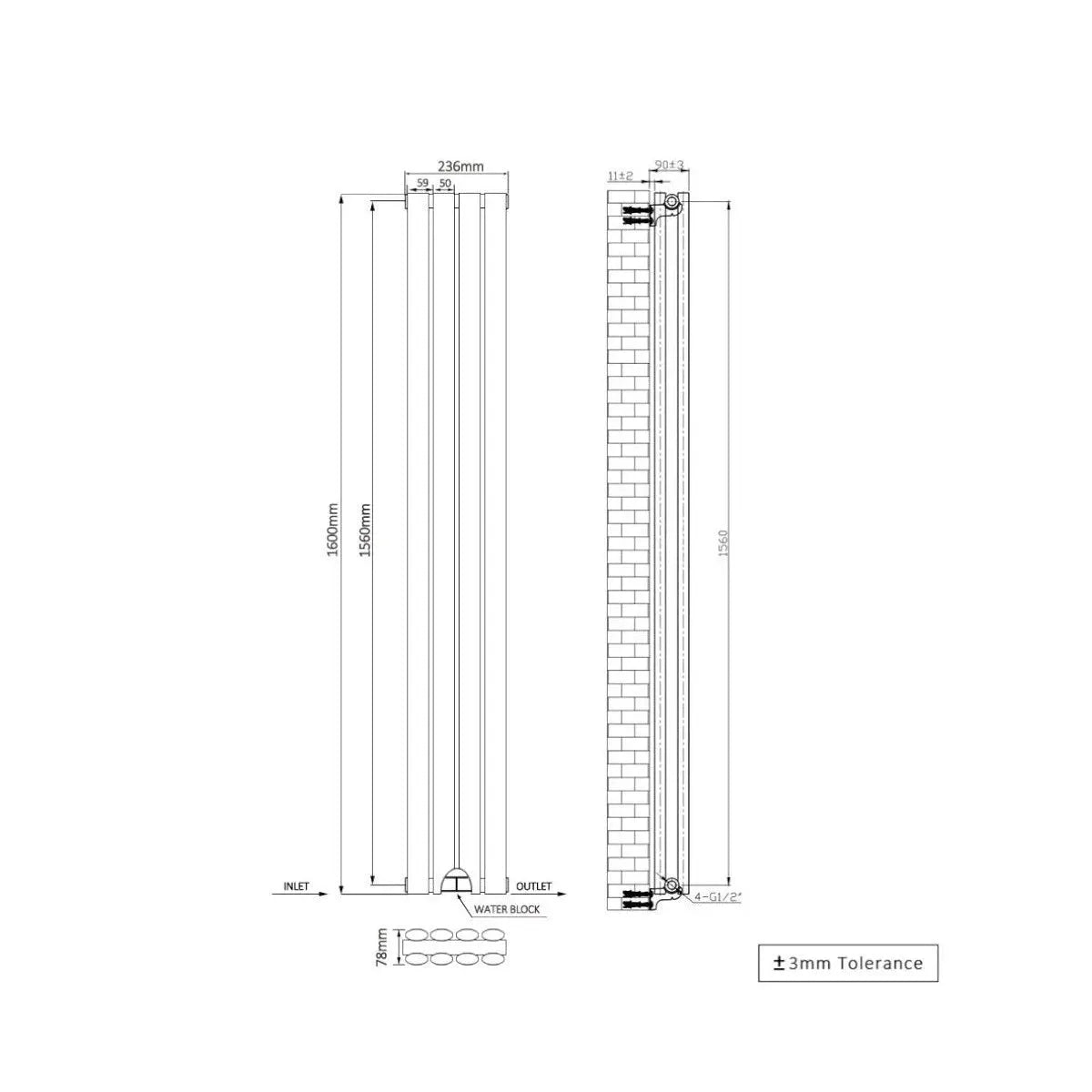 Cuneo - Modern vertical oval tube radiator blackened silver