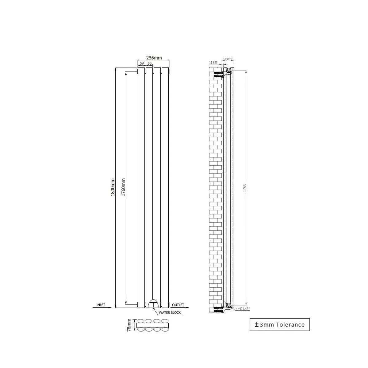 Cuneo - Modern vertical oval tube radiator blackened silver