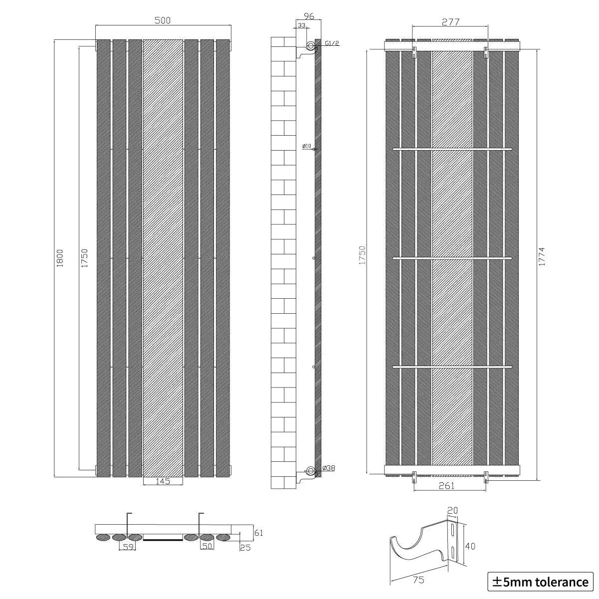 Cuneo - Modern vertical oval tube mirror radiator black