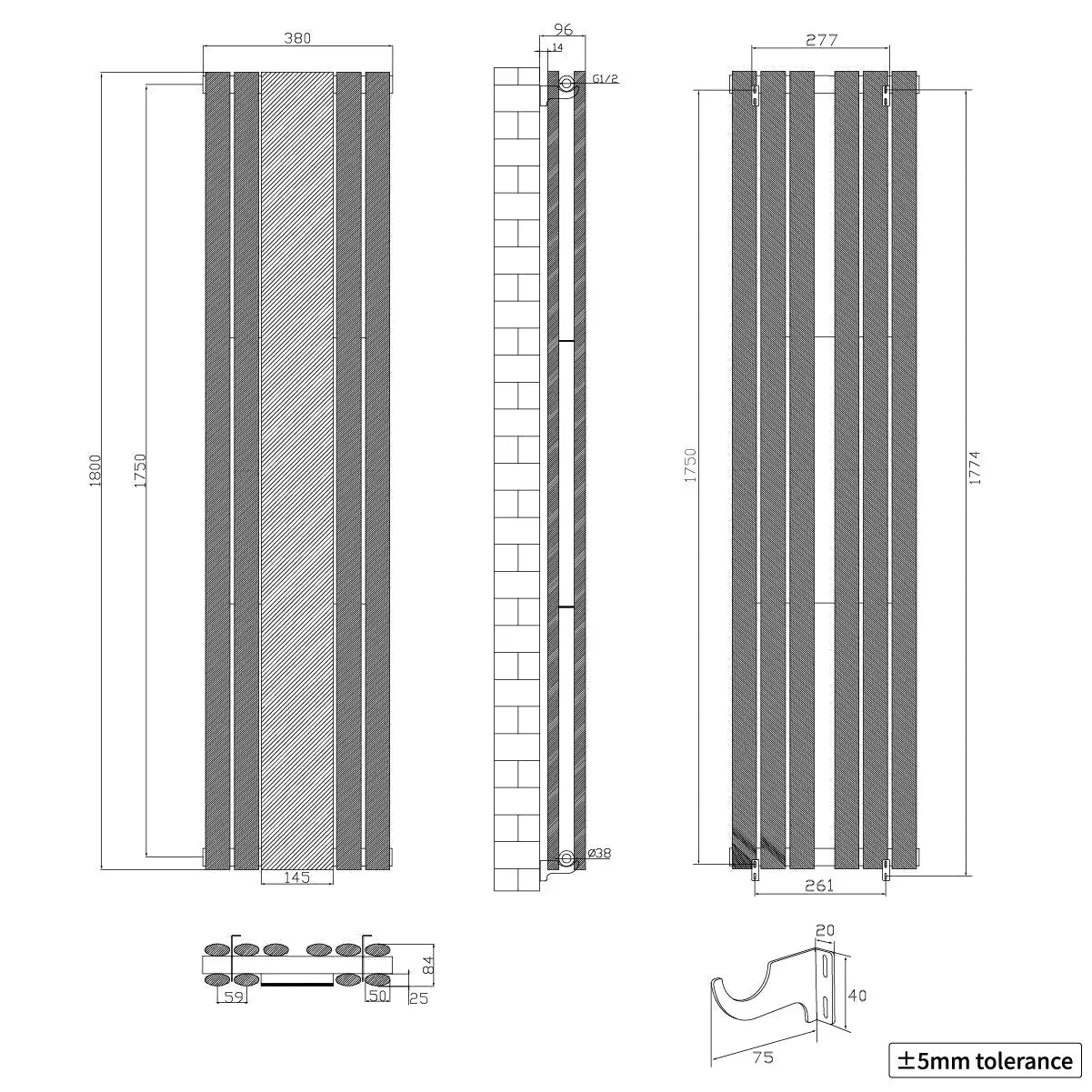 Cuneo - Modern vertical oval tube mirror radiator black