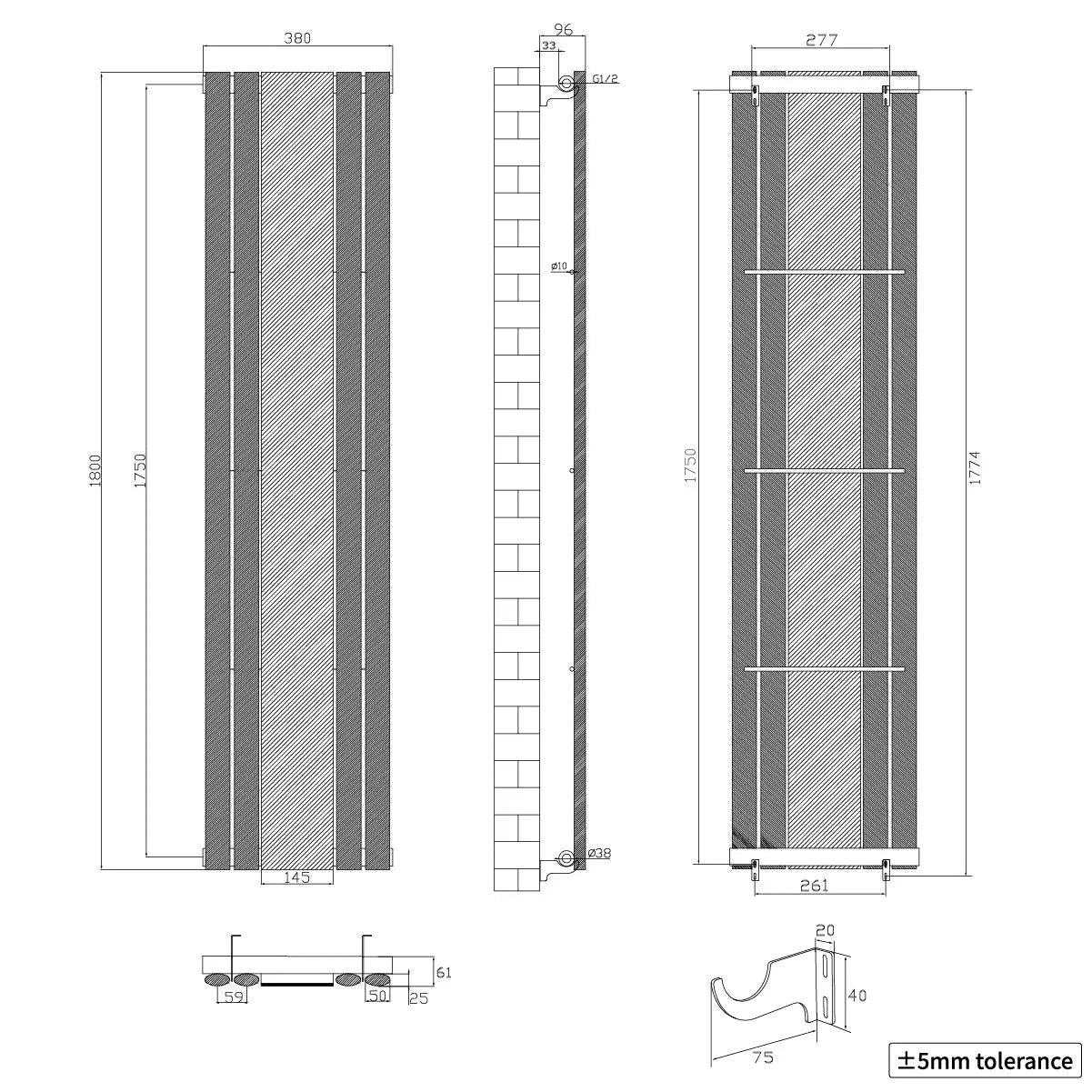 Cuneo - Modern vertical oval tube mirror radiator white