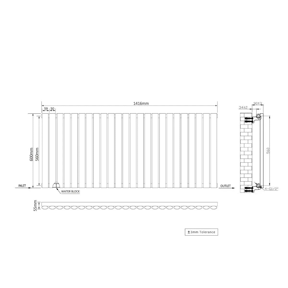 Cuneo - Modern horizontal oval tube radiator zinc yellow