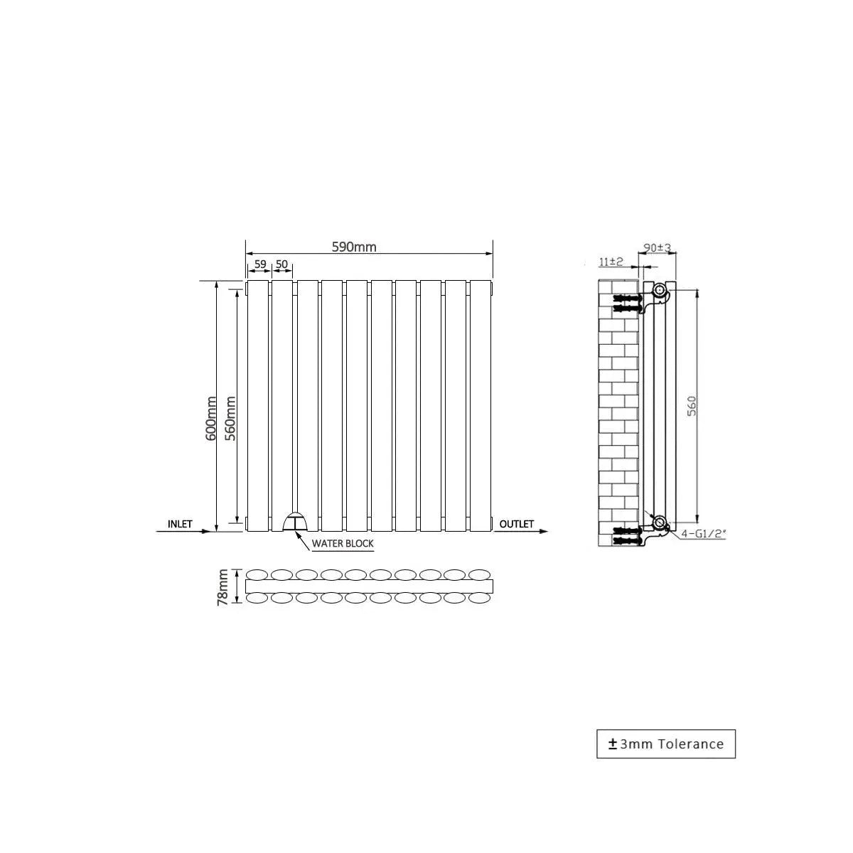 Cuneo - Modern horizontal oval tube radiator zinc yellow