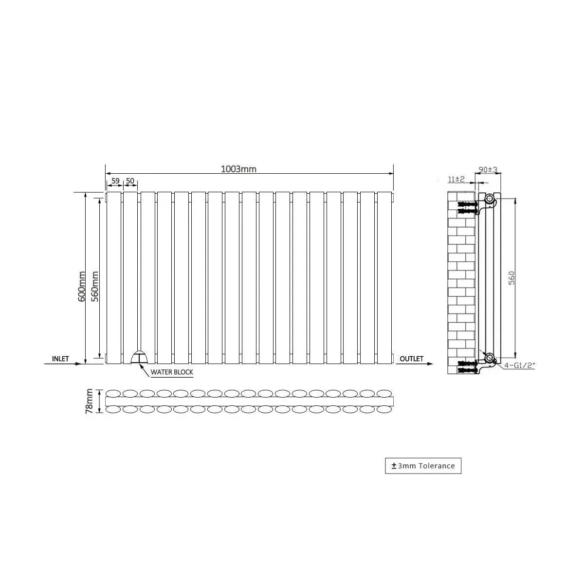 Cuneo - Modern horizontal oval tube radiator zinc yellow