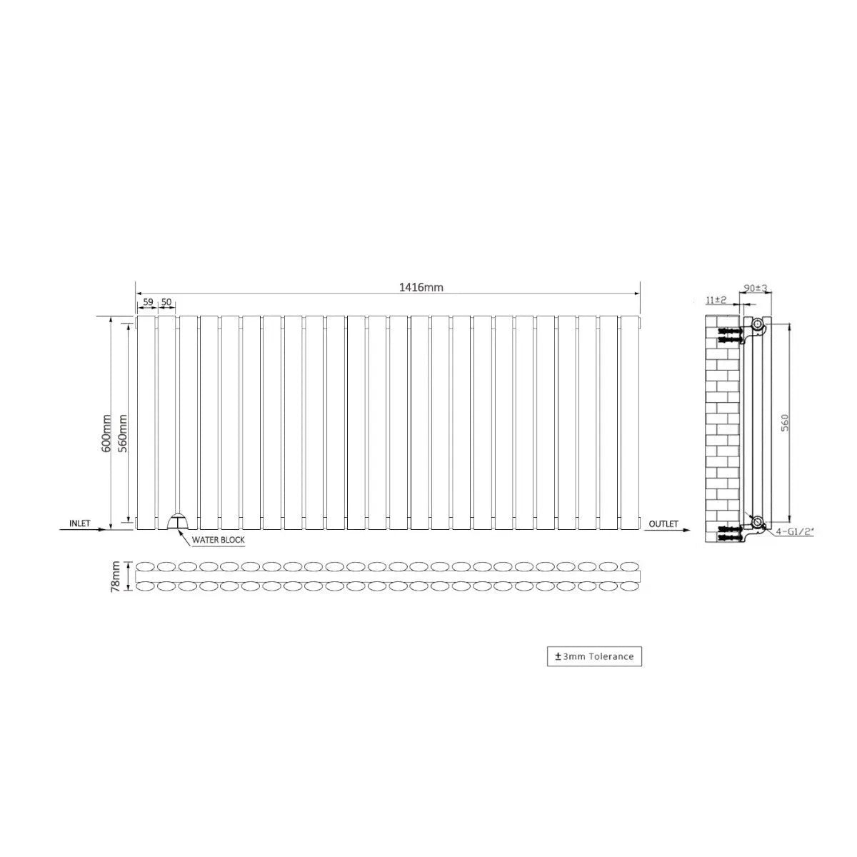 Cuneo - Modern horizontal oval tube radiator zinc yellow