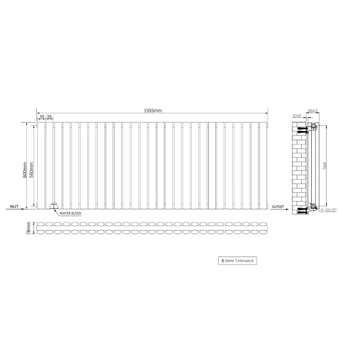 Cuneo - Modern horizontal oval tube radiator zinc yellow