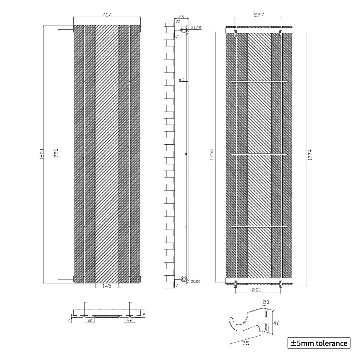 San Remo - Modern vertical flat panel mirror radiator anthracite