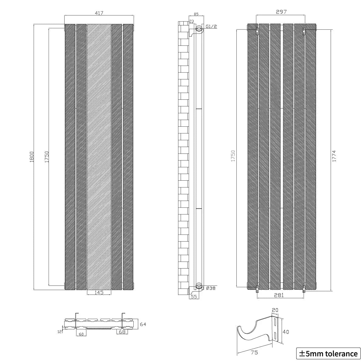 San Remo - Modern vertical flat panel mirror radiator anthracite