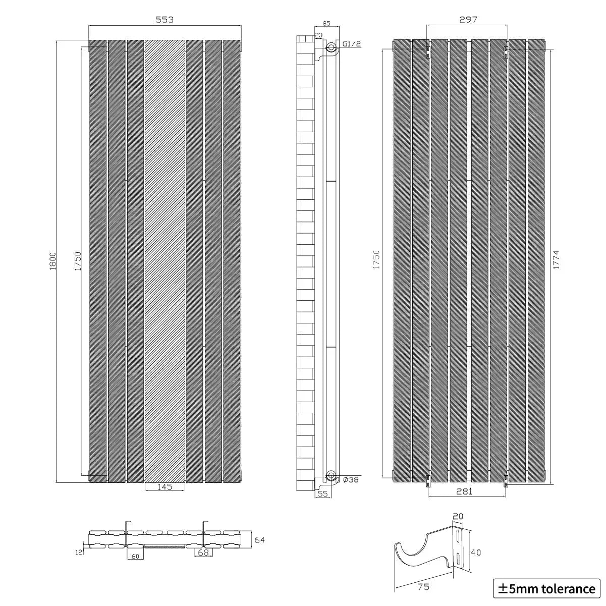 San Remo - Modern vertical flat panel mirror radiator anthracite