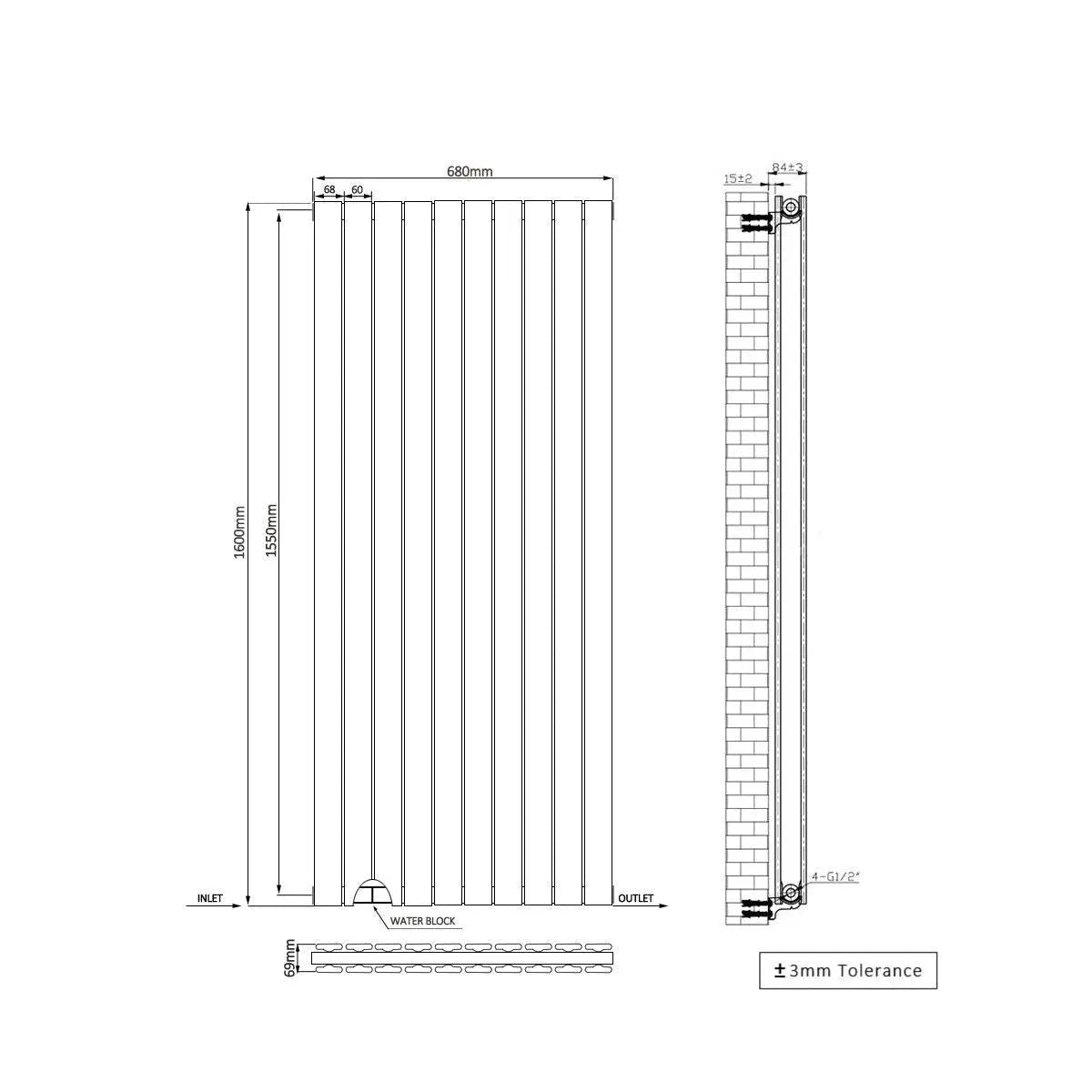 San Remo - Modern vertical flat panel radiator blackened gold