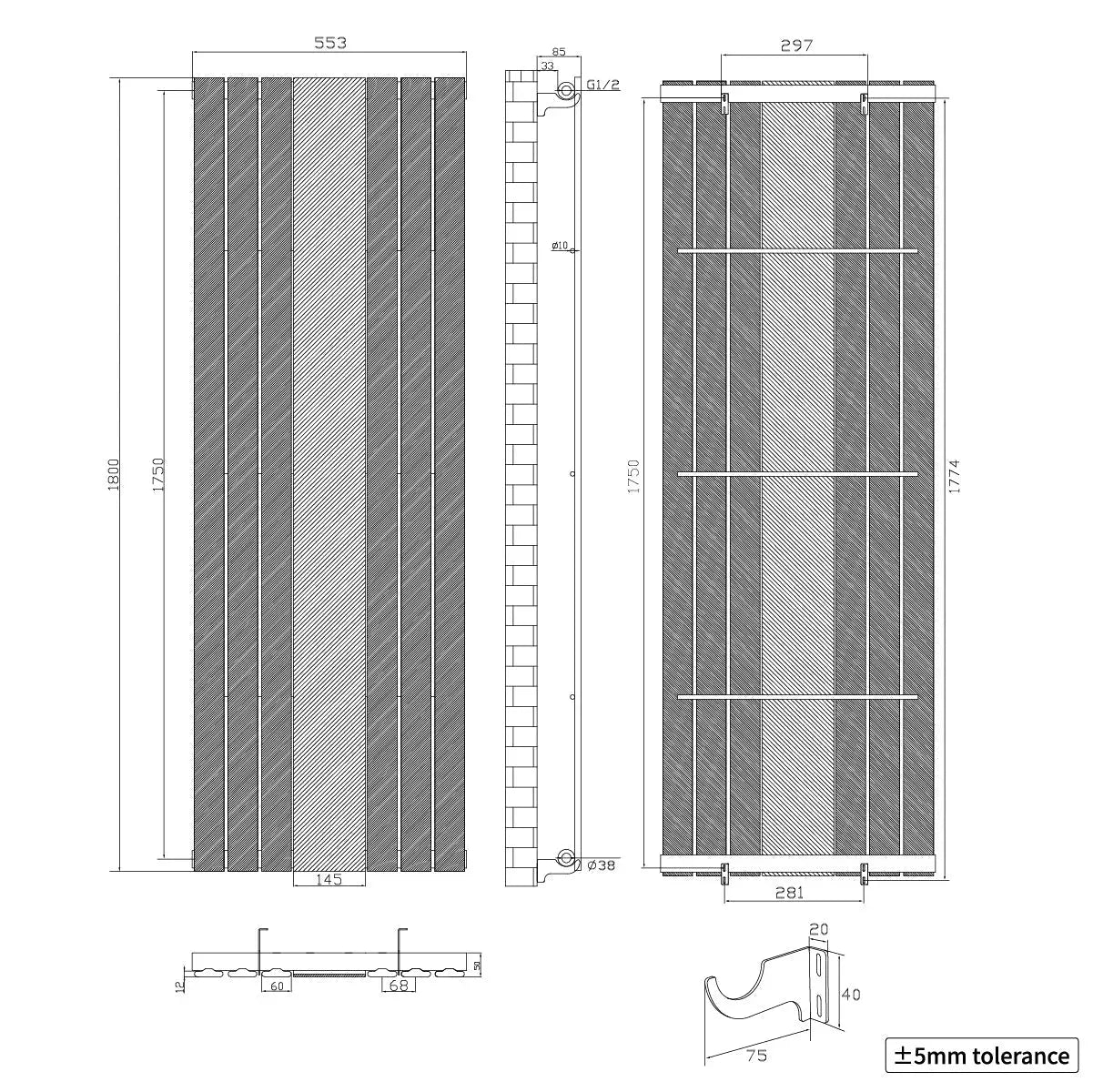 San Remo - Modern vertical flat panel mirror radiator black