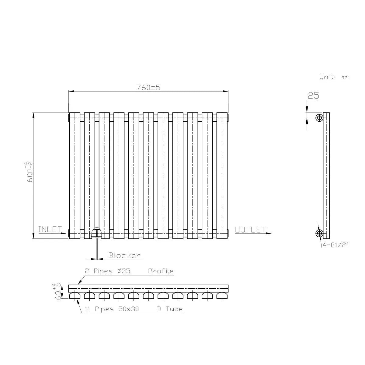 Teramo - Modern horizontal flat panel radiator blackened copper