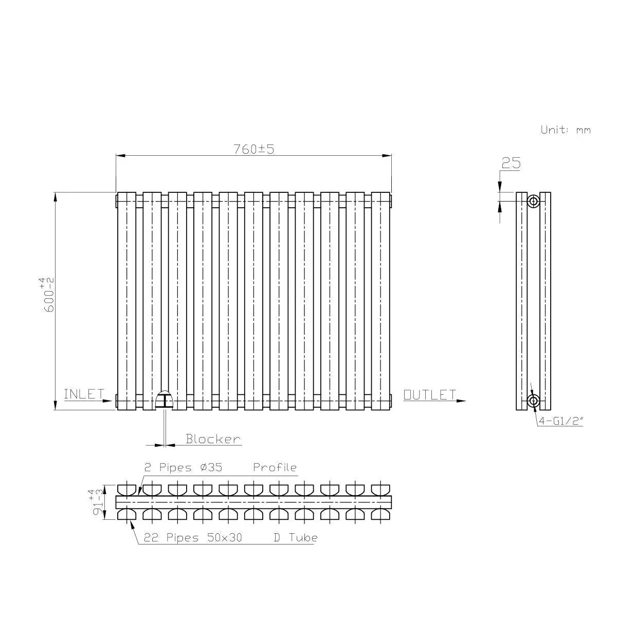 Teramo - Modern horizontal flat panel radiator blackened copper