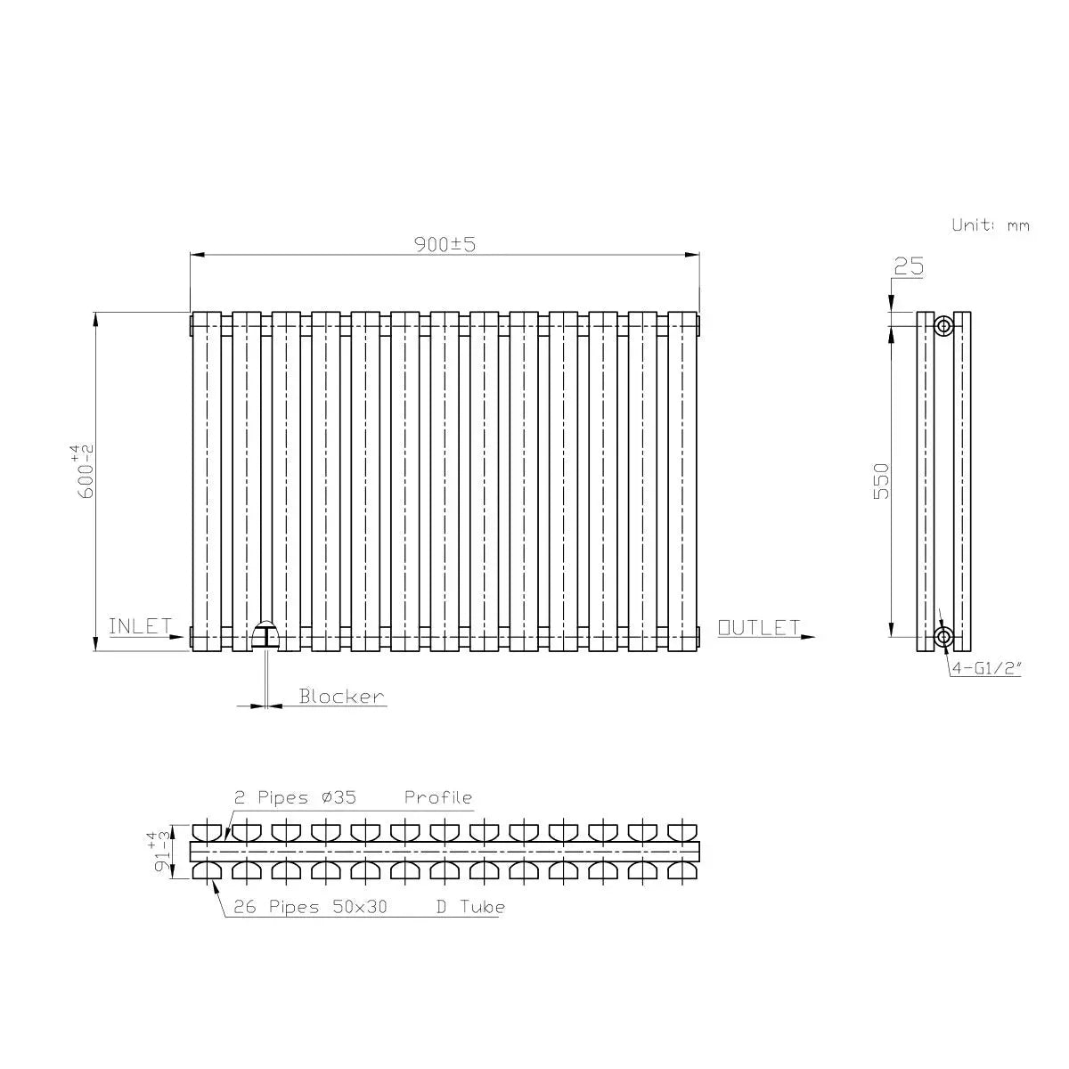 Teramo - Modern horizontal flat panel radiator blackened copper