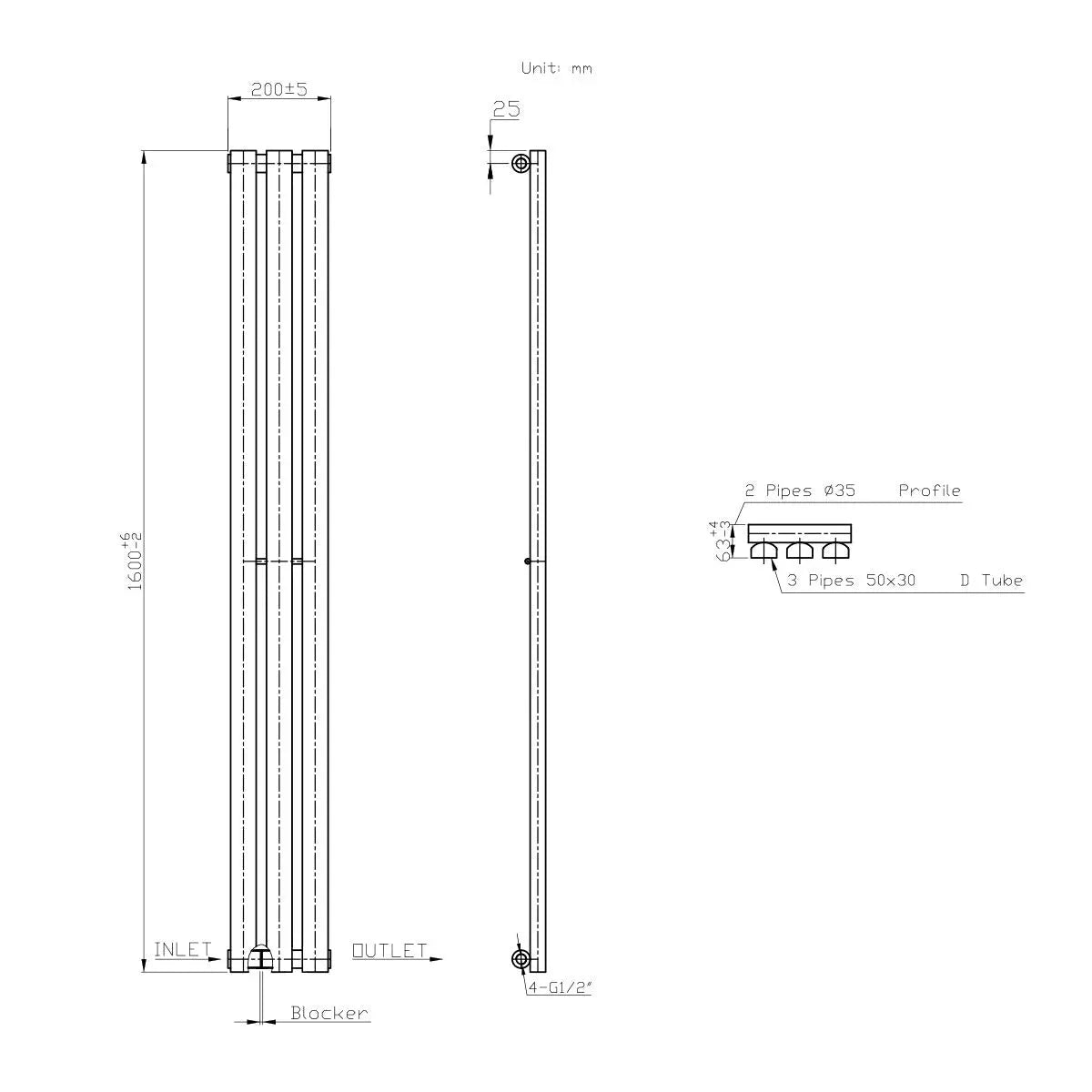 Teramo - Modern vertical flat panel radiator blackened copper