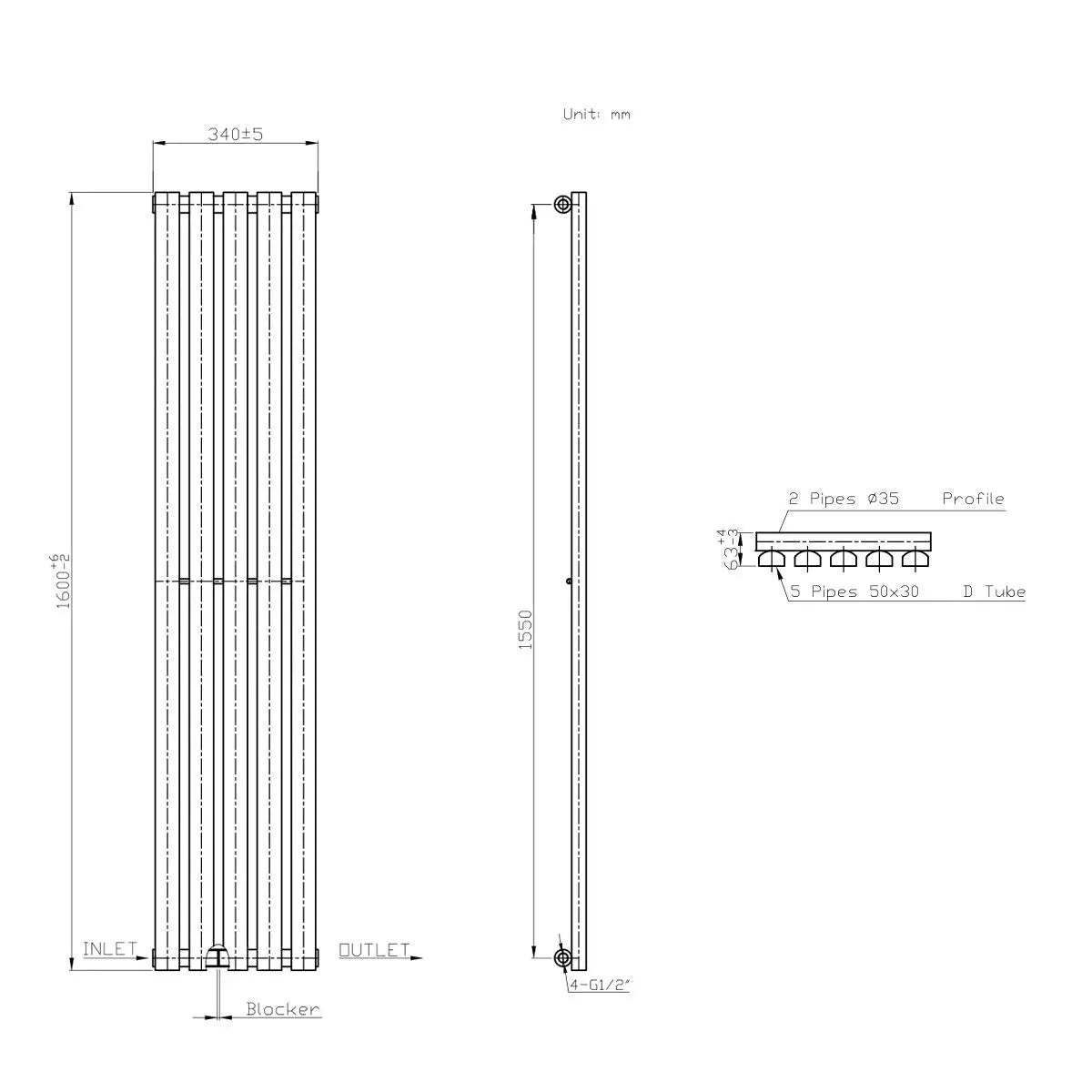 Teramo - Modern vertical flat panel radiator blackened copper