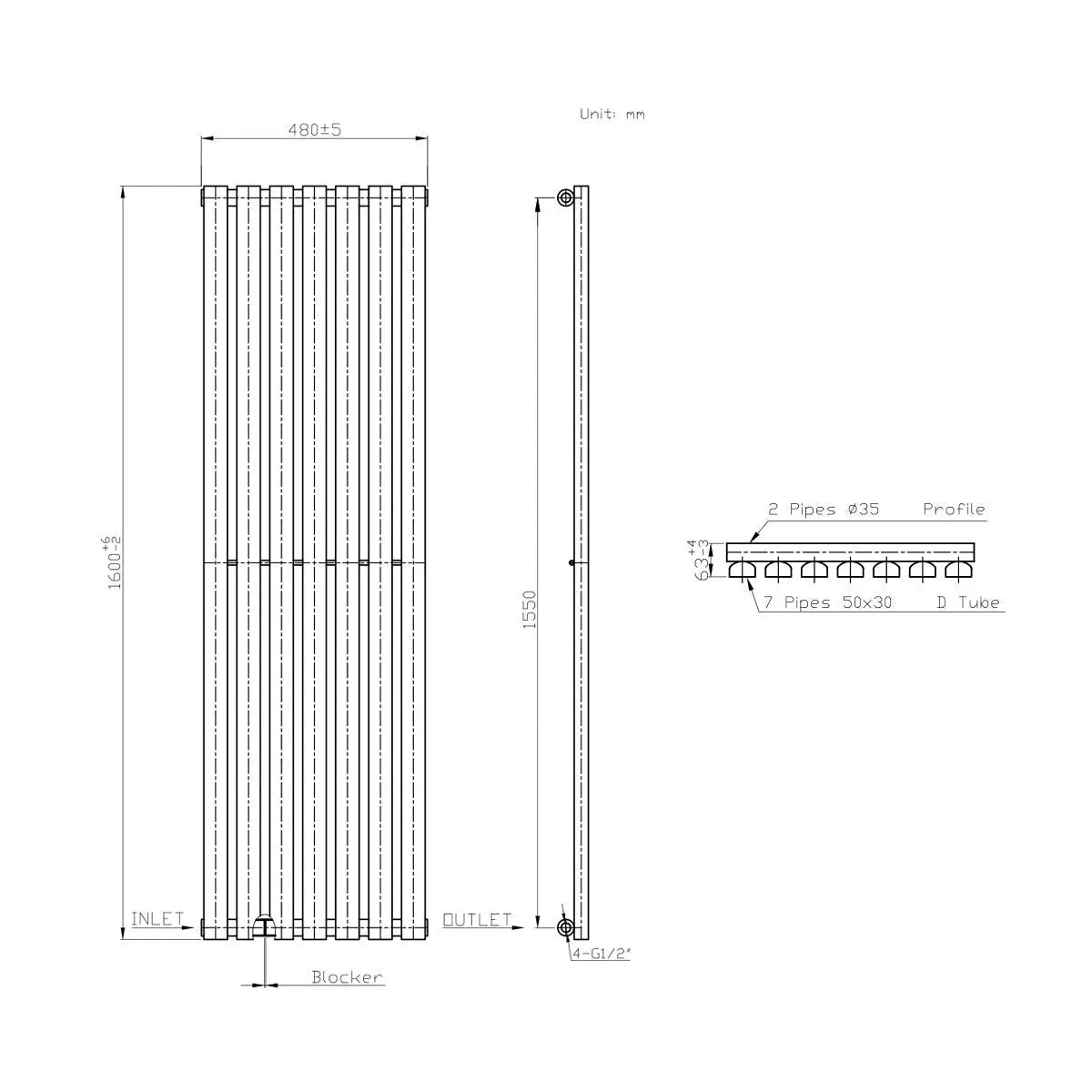 Teramo - Modern vertical flat panel radiator blackened copper