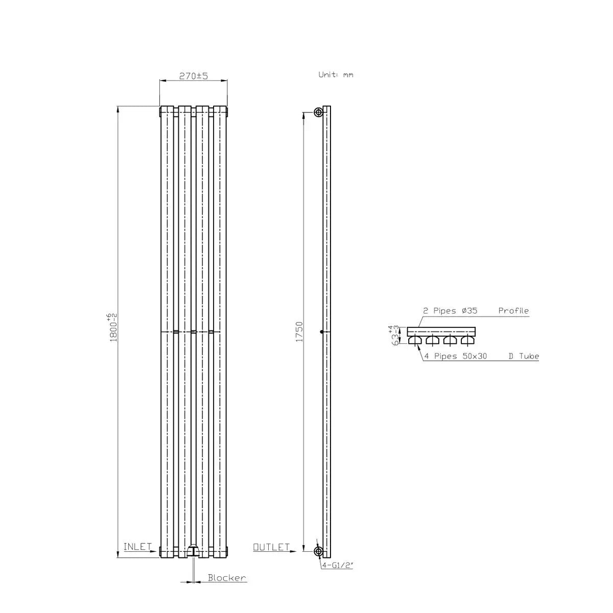 Teramo - Modern vertical flat panel radiator blackened copper