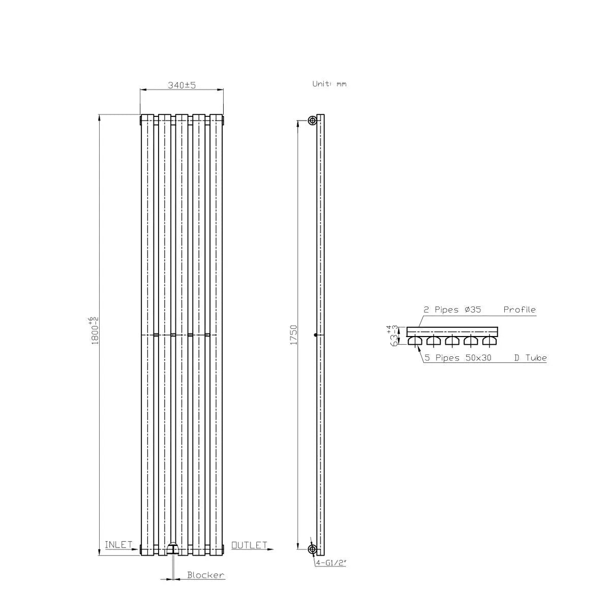 Teramo - Modern vertical flat panel radiator blackened copper