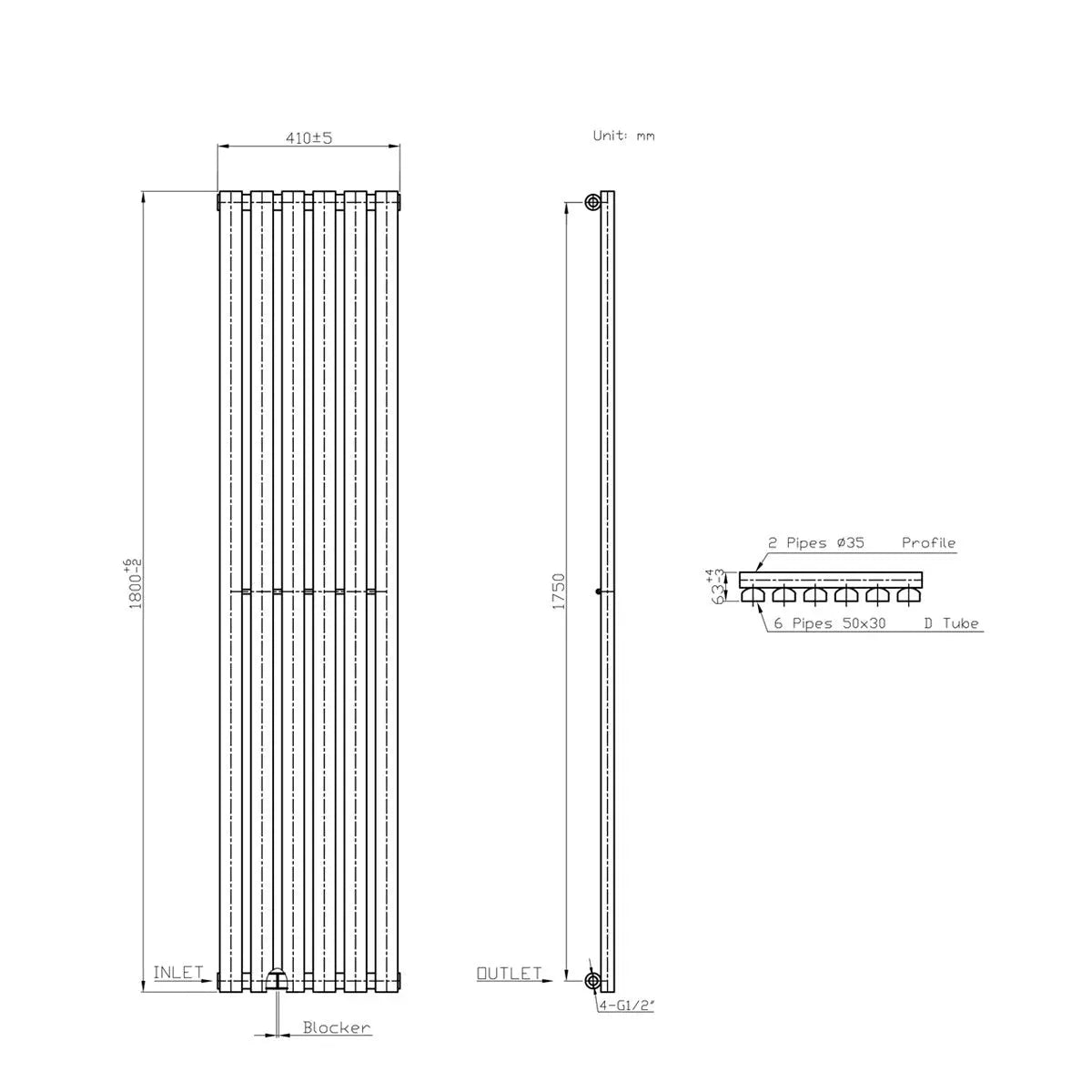 Teramo - Modern vertical flat panel radiator blackened copper