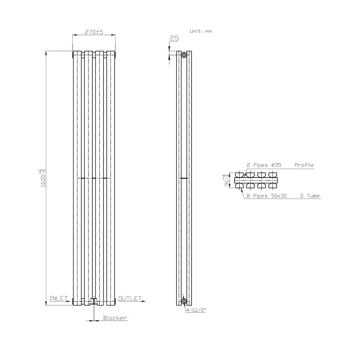 Teramo - Modern vertical flat panel radiator blackened copper