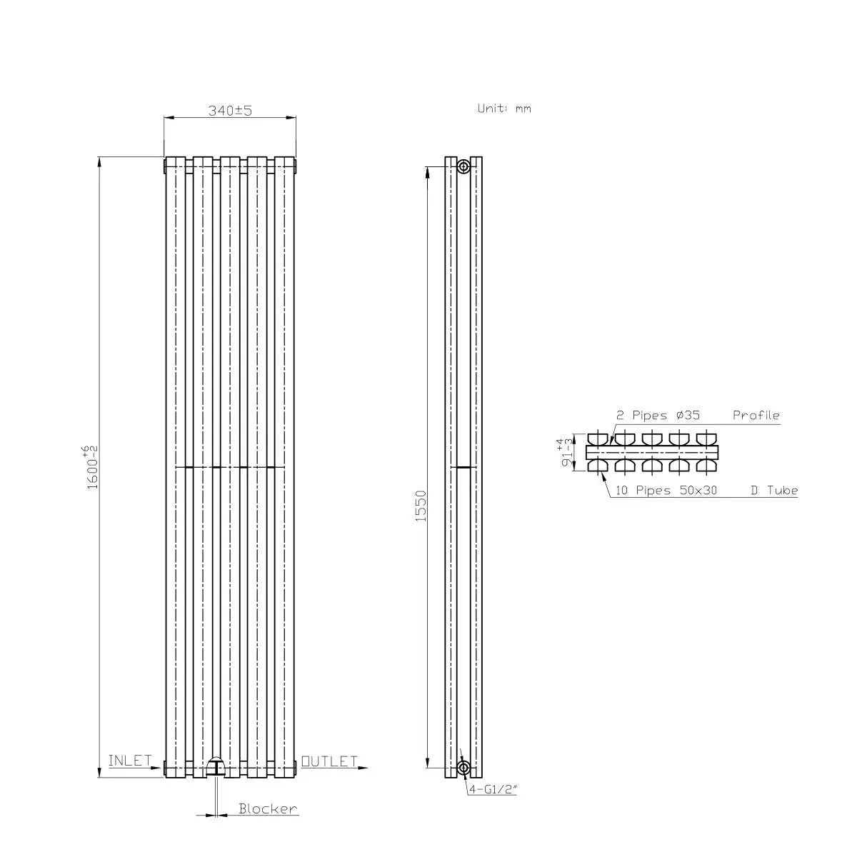 Teramo - Modern vertical flat panel radiator blackened copper