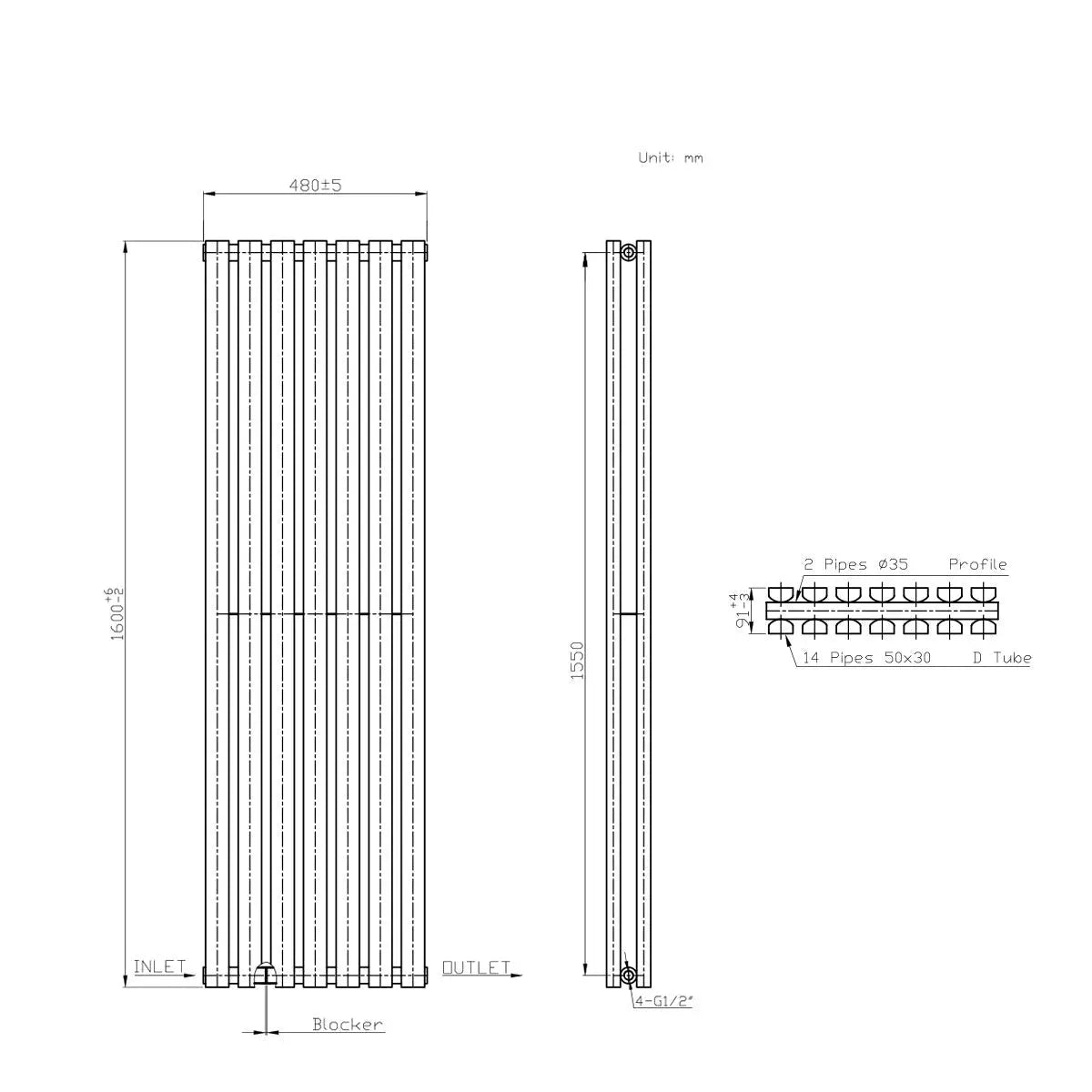 Teramo - Modern vertical flat panel radiator blackened copper