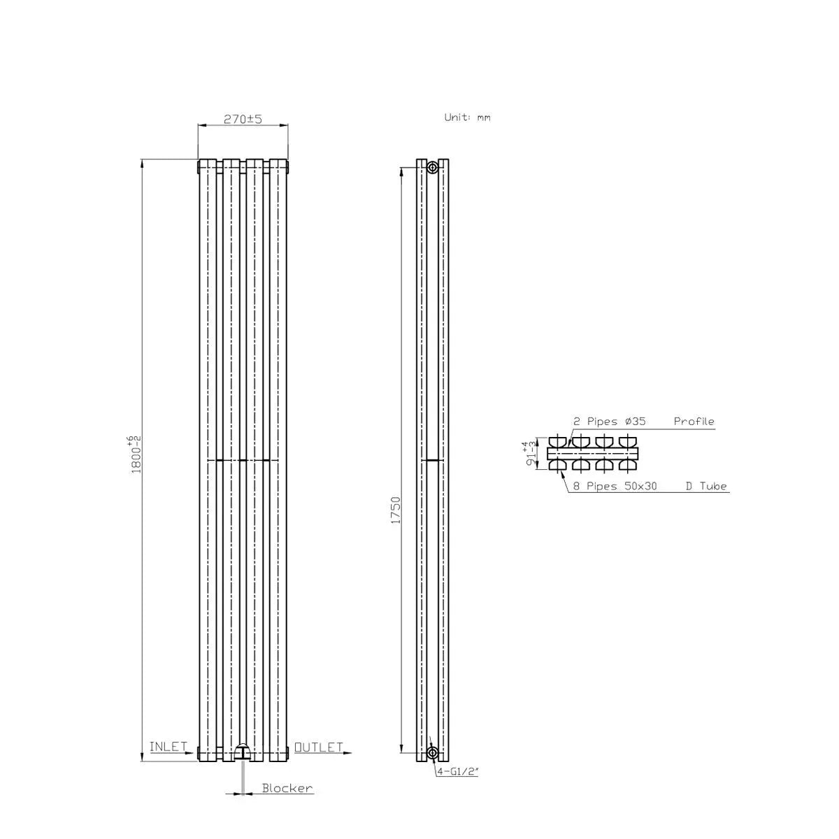 Teramo - Modern vertical flat panel radiator blackened copper