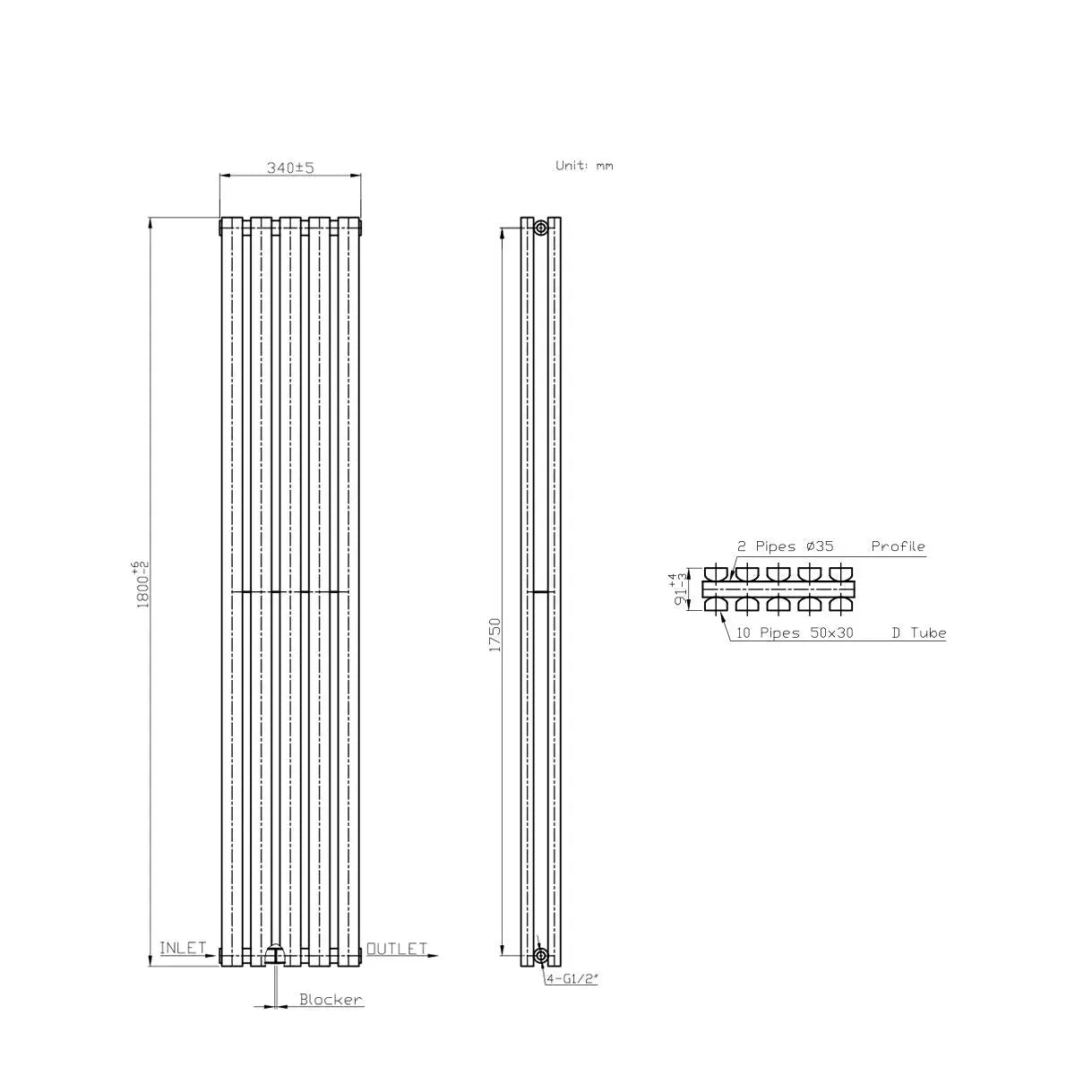 Teramo - Modern vertical flat panel radiator blackened copper