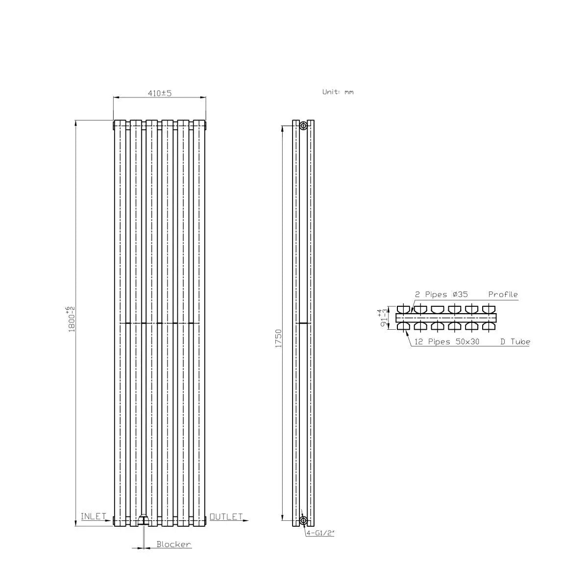 Teramo - Modern vertical flat panel radiator blackened copper