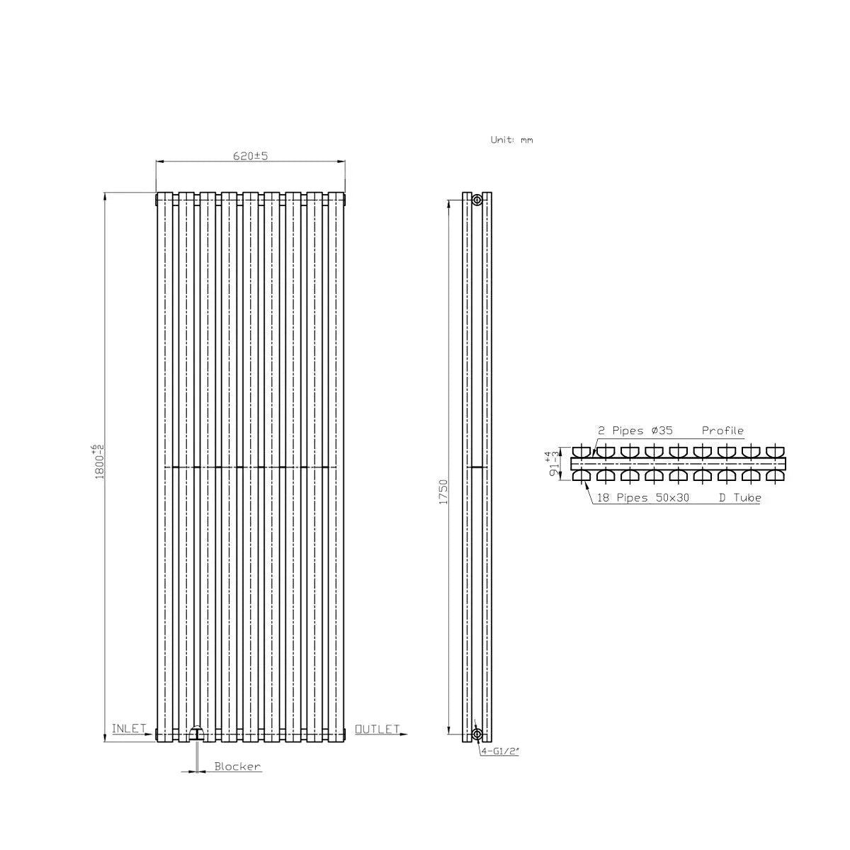 Teramo - Modern vertical flat panel radiator blackened copper